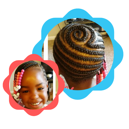 little toddler girl with braided style side swept cornrows with swirl design and beads